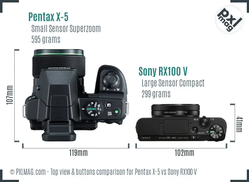 Pentax X-5 vs Sony RX100 V top view buttons comparison