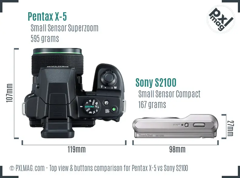 Pentax X-5 vs Sony S2100 top view buttons comparison