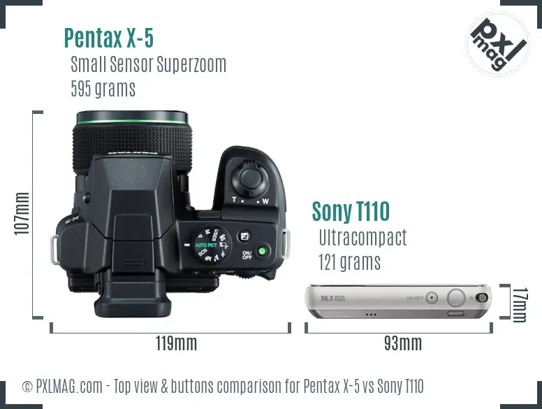 Pentax X-5 vs Sony T110 top view buttons comparison