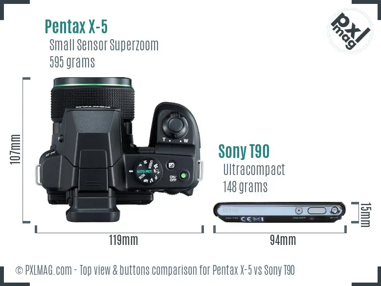 Pentax X-5 vs Sony T90 top view buttons comparison