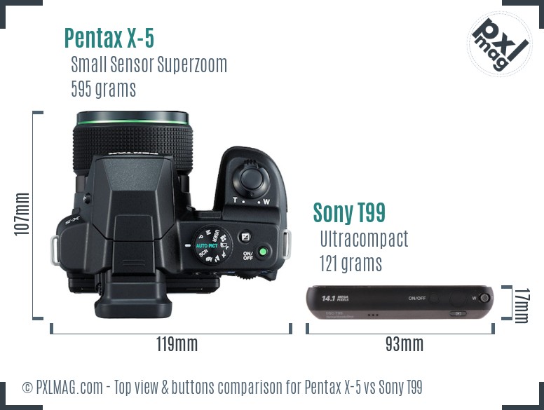 Pentax X-5 vs Sony T99 top view buttons comparison