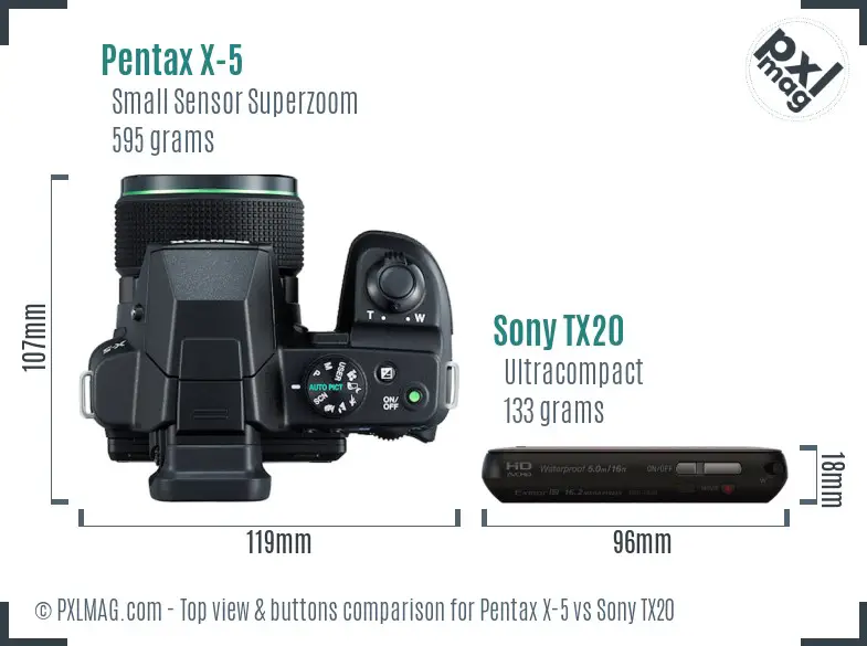 Pentax X-5 vs Sony TX20 top view buttons comparison
