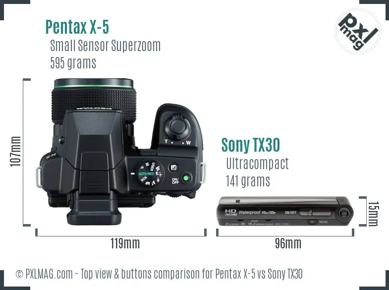 Pentax X-5 vs Sony TX30 top view buttons comparison