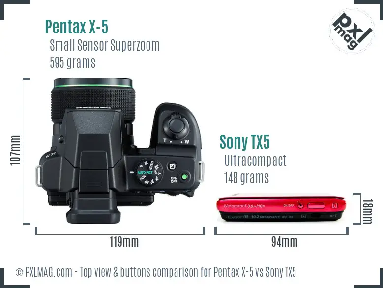 Pentax X-5 vs Sony TX5 top view buttons comparison