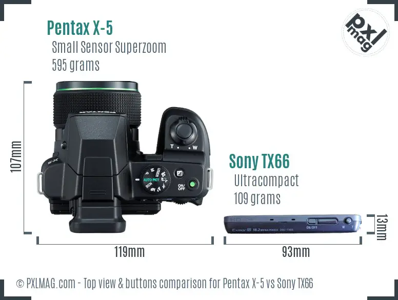 Pentax X-5 vs Sony TX66 top view buttons comparison