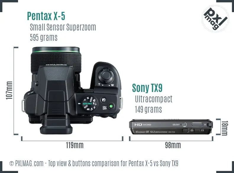 Pentax X-5 vs Sony TX9 top view buttons comparison