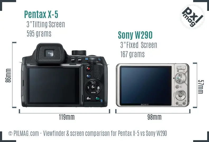 Pentax X-5 vs Sony W290 Screen and Viewfinder comparison