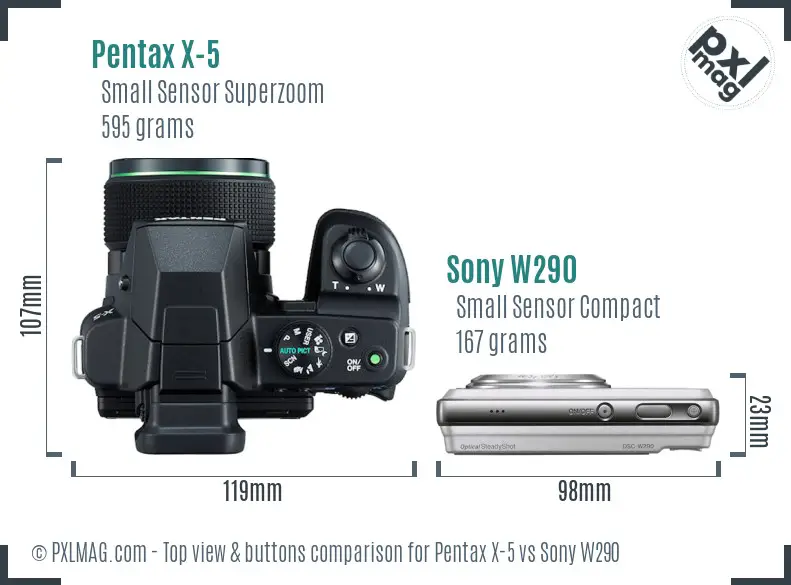 Pentax X-5 vs Sony W290 top view buttons comparison