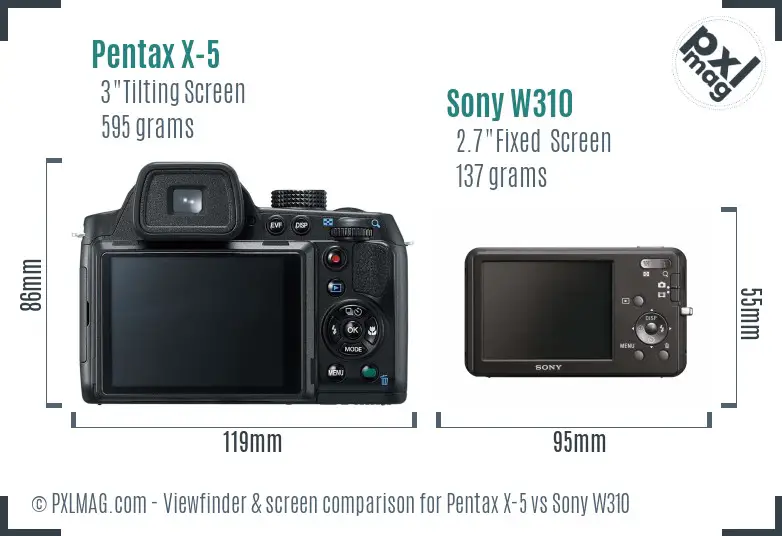 Pentax X-5 vs Sony W310 Screen and Viewfinder comparison