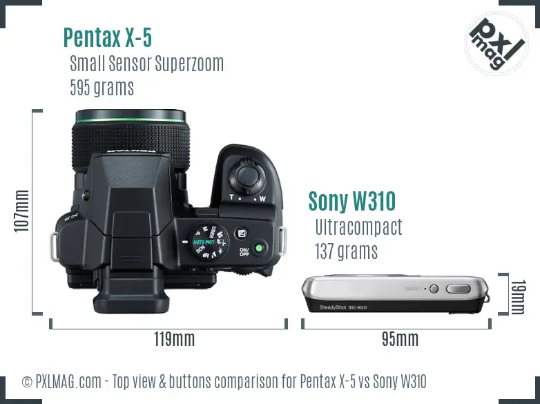 Pentax X-5 vs Sony W310 top view buttons comparison