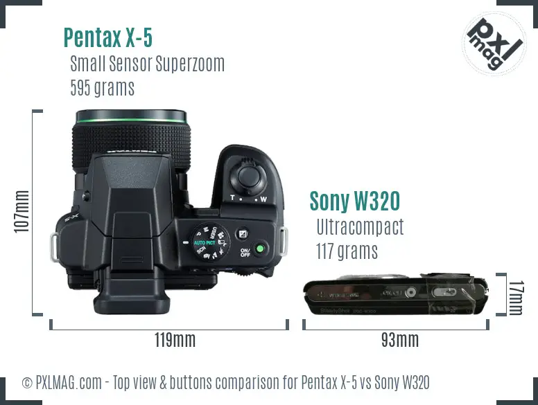 Pentax X-5 vs Sony W320 top view buttons comparison