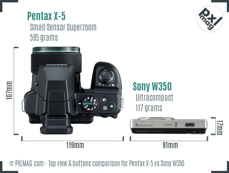 Pentax X-5 vs Sony W350 top view buttons comparison