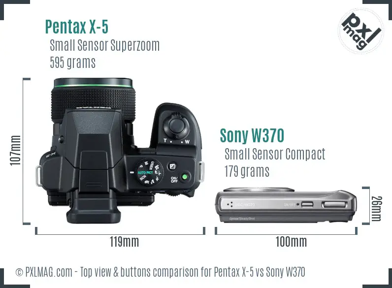 Pentax X-5 vs Sony W370 top view buttons comparison