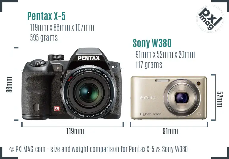 Pentax X-5 vs Sony W380 size comparison