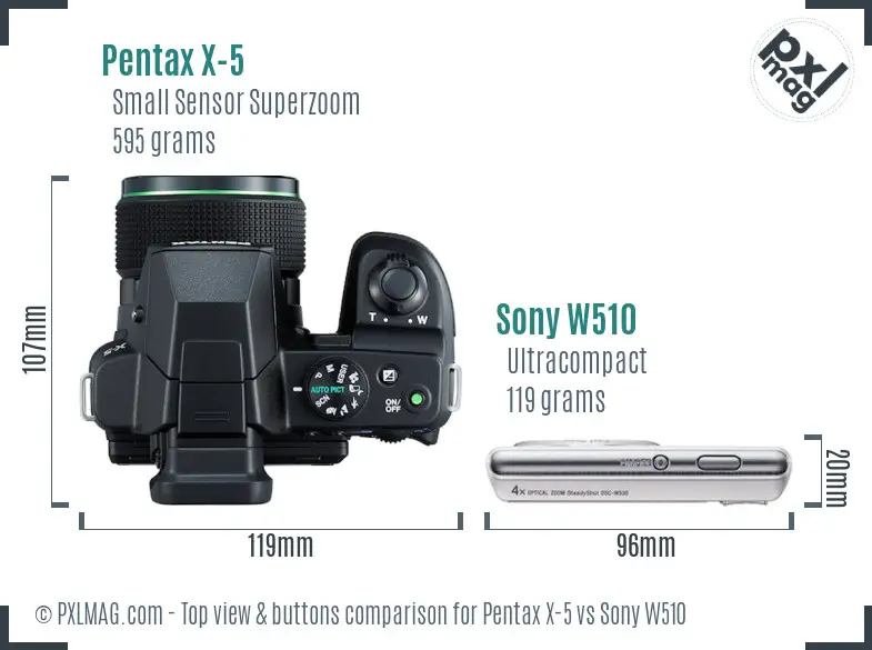 Pentax X-5 vs Sony W510 top view buttons comparison