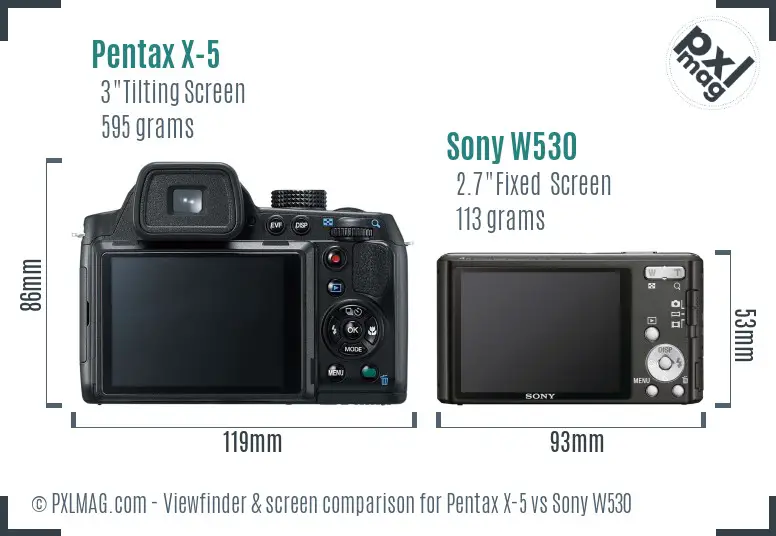 Pentax X-5 vs Sony W530 Screen and Viewfinder comparison