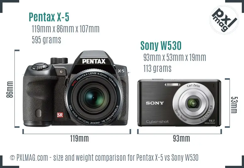 Pentax X-5 vs Sony W530 size comparison