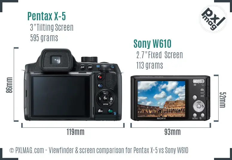 Pentax X-5 vs Sony W610 Screen and Viewfinder comparison