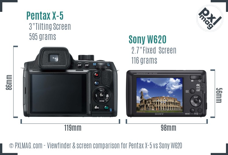 Pentax X-5 vs Sony W620 Screen and Viewfinder comparison