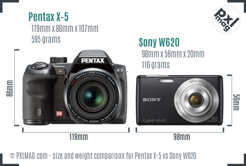 Pentax X-5 vs Sony W620 size comparison