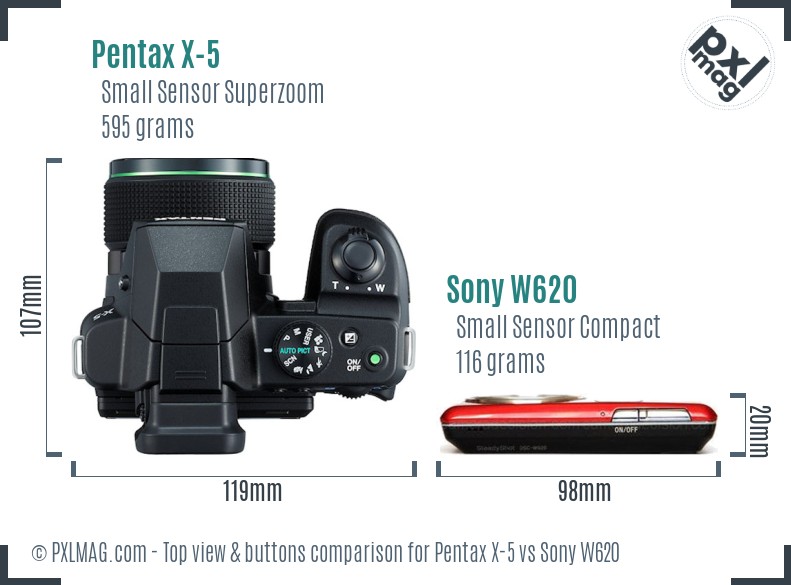 Pentax X-5 vs Sony W620 top view buttons comparison