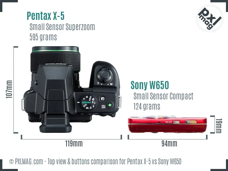 Pentax X-5 vs Sony W650 top view buttons comparison