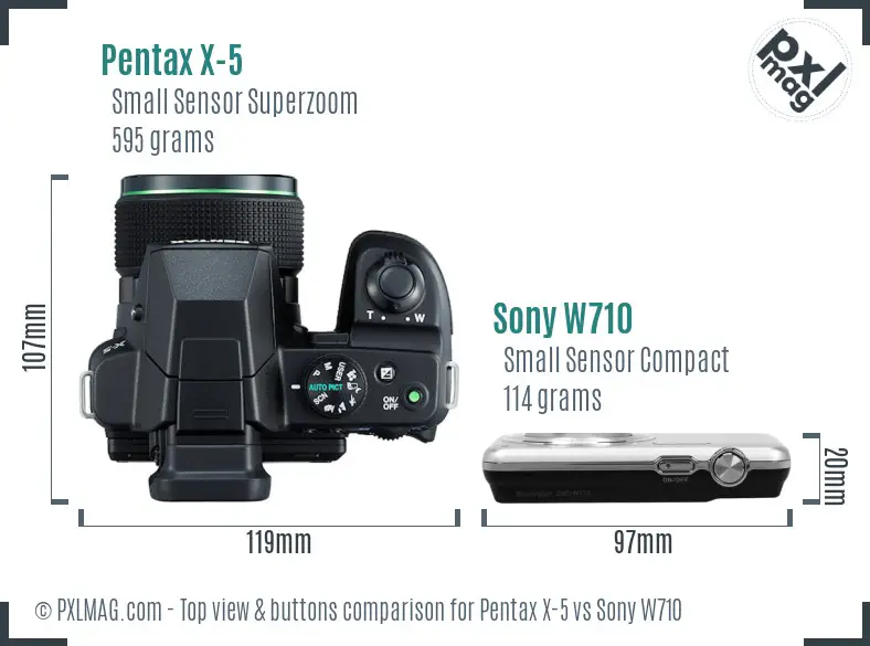 Pentax X-5 vs Sony W710 top view buttons comparison