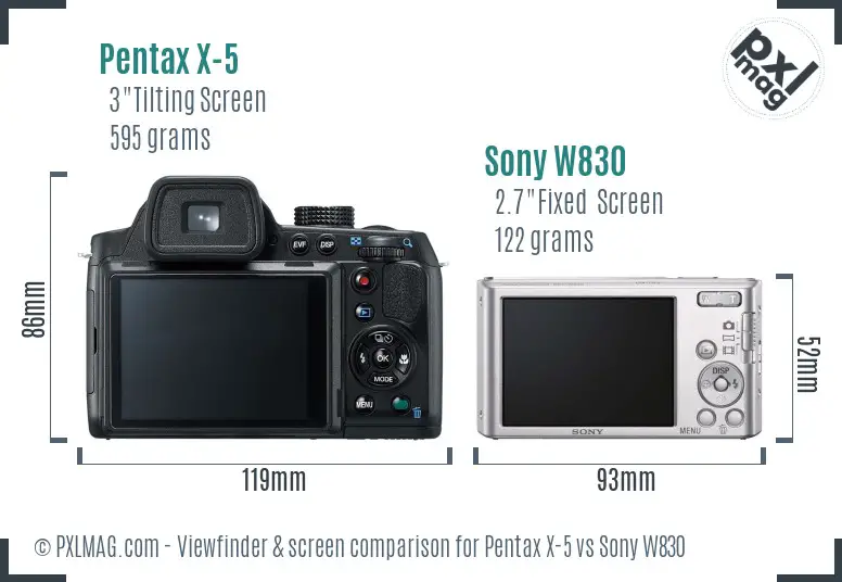 Pentax X-5 vs Sony W830 Screen and Viewfinder comparison