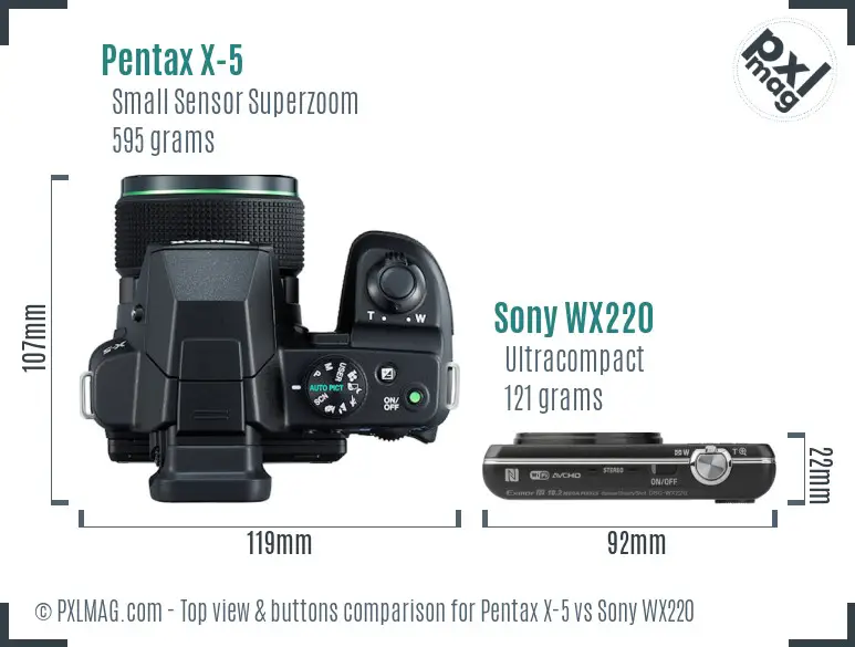 Pentax X-5 vs Sony WX220 top view buttons comparison