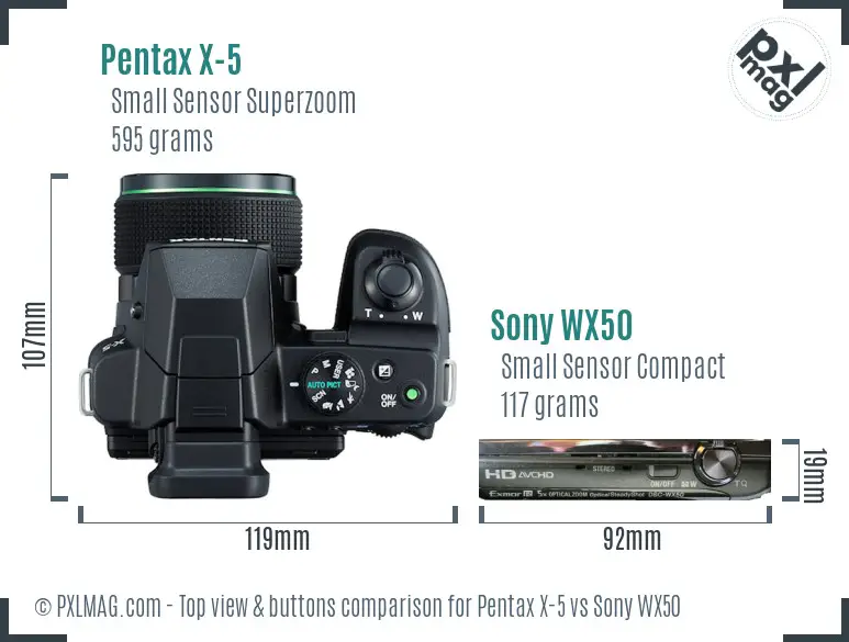 Pentax X-5 vs Sony WX50 top view buttons comparison