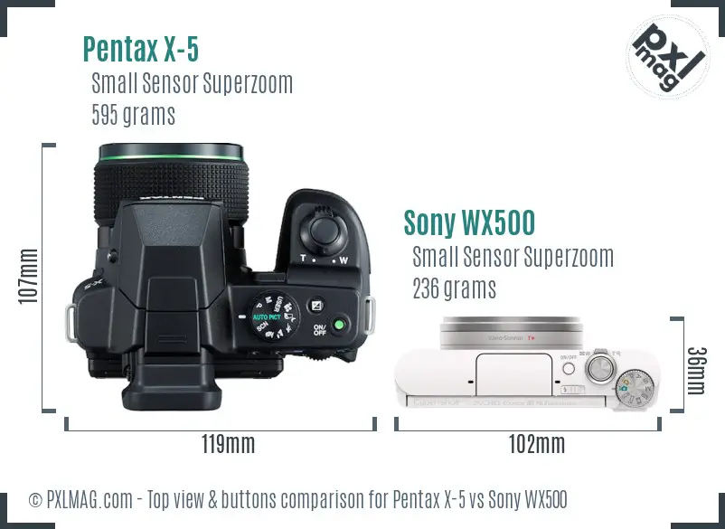 Pentax X-5 vs Sony WX500 top view buttons comparison