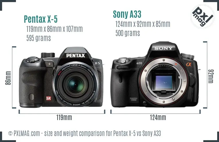 Pentax X-5 vs Sony A33 size comparison