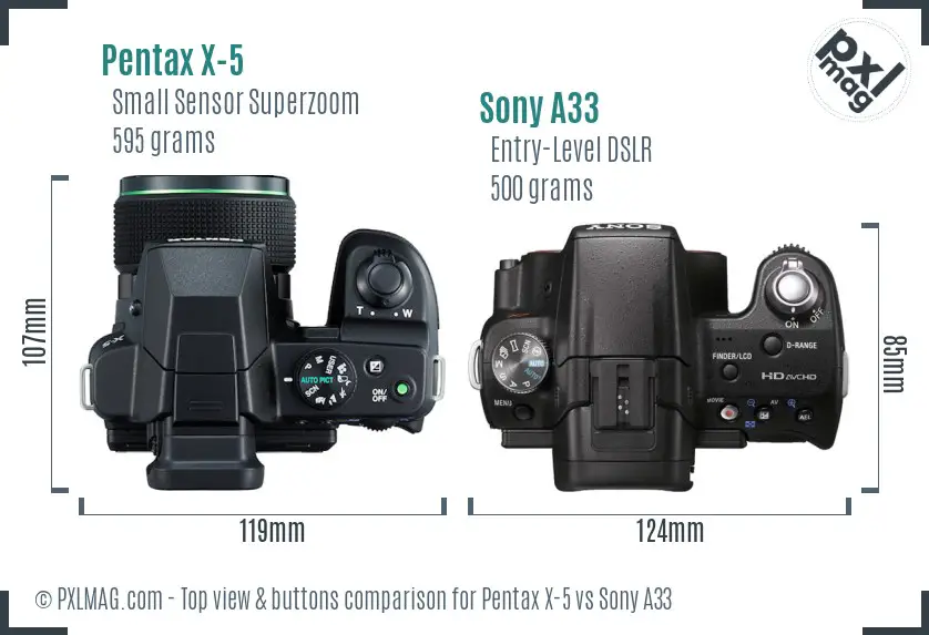 Pentax X-5 vs Sony A33 top view buttons comparison