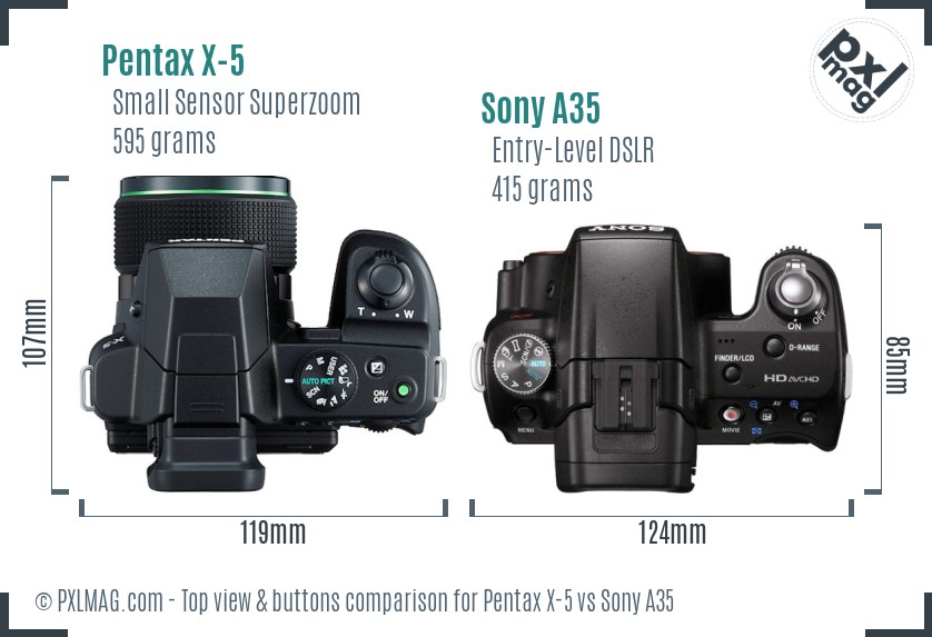 Pentax X-5 vs Sony A35 top view buttons comparison