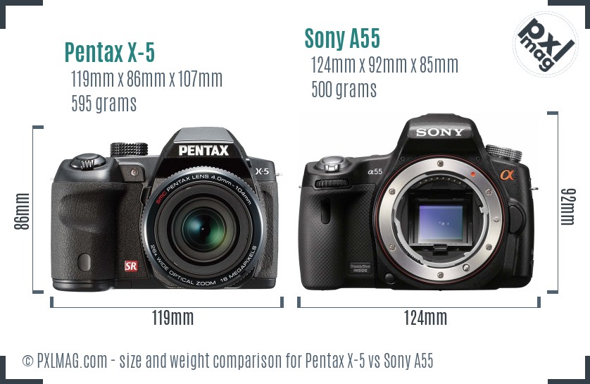 Pentax X-5 vs Sony A55 size comparison