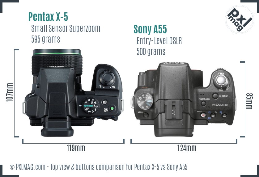 Pentax X-5 vs Sony A55 top view buttons comparison