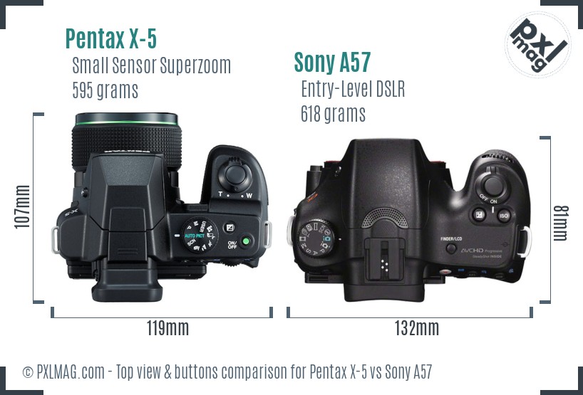 Pentax X-5 vs Sony A57 top view buttons comparison