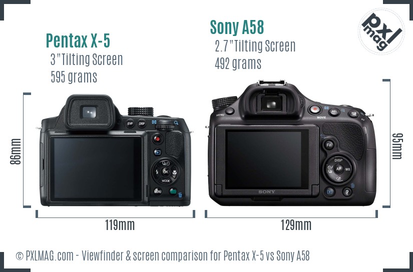 Pentax X-5 vs Sony A58 Screen and Viewfinder comparison