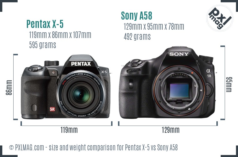 Pentax X-5 vs Sony A58 size comparison