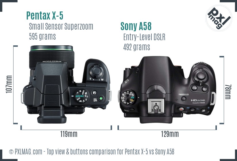 Pentax X-5 vs Sony A58 top view buttons comparison