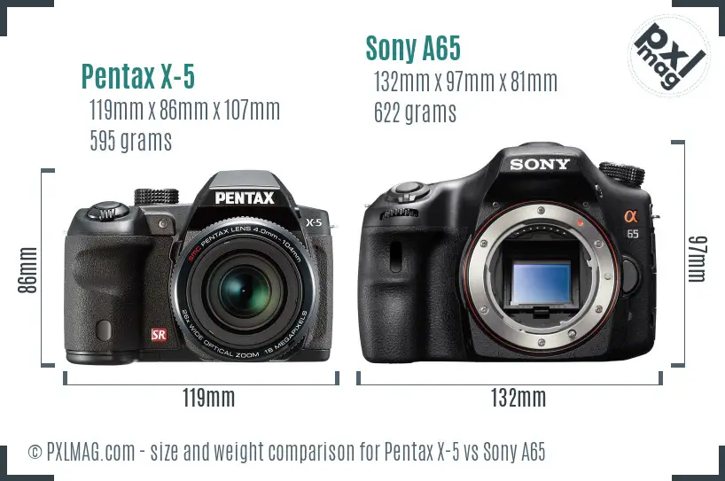 Pentax X-5 vs Sony A65 size comparison