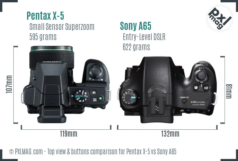 Pentax X-5 vs Sony A65 top view buttons comparison