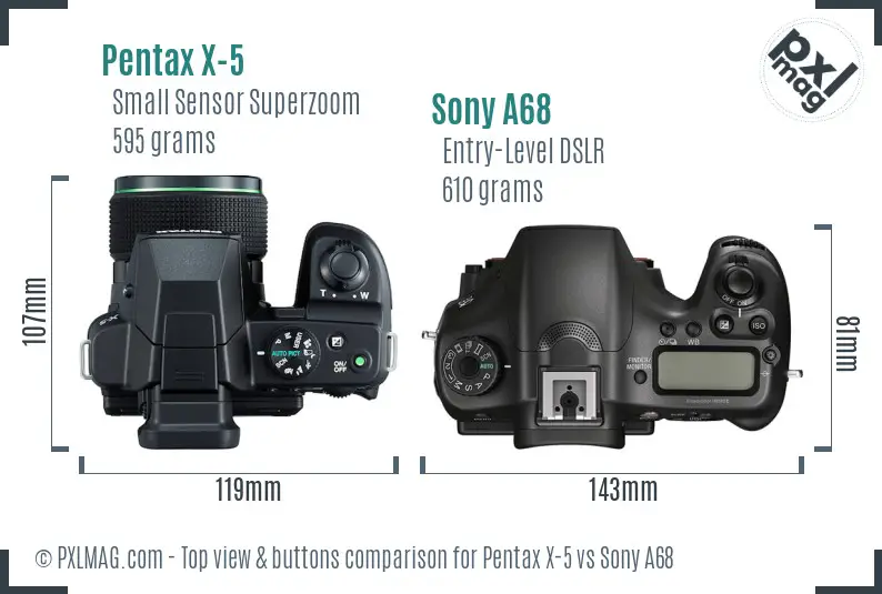 Pentax X-5 vs Sony A68 top view buttons comparison