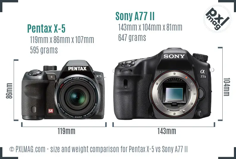 Pentax X-5 vs Sony A77 II size comparison