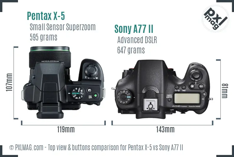 Pentax X-5 vs Sony A77 II top view buttons comparison