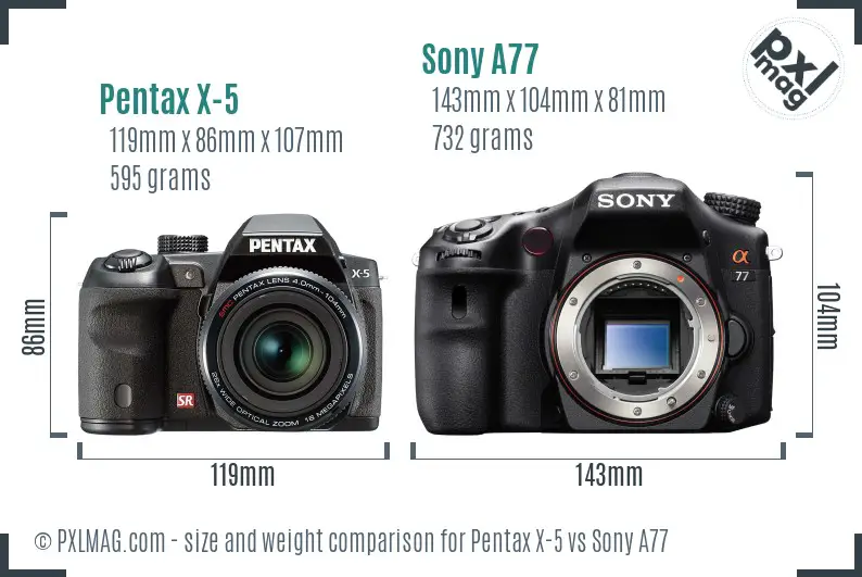 Pentax X-5 vs Sony A77 size comparison