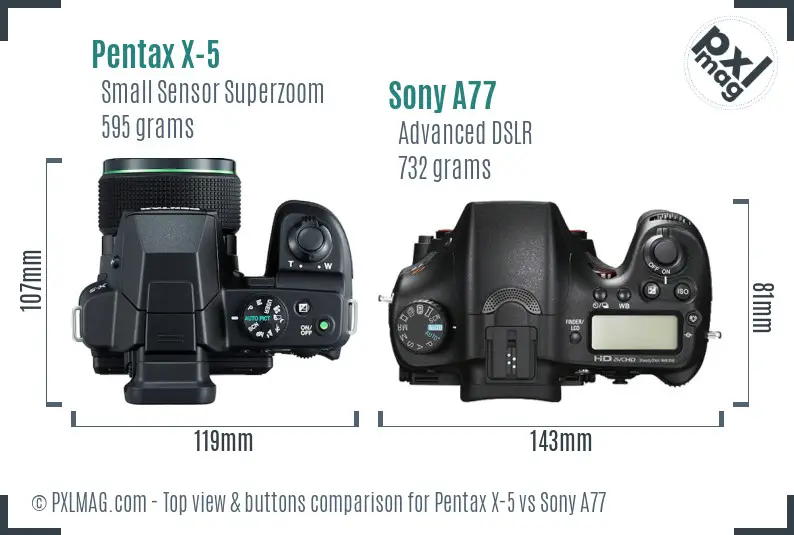 Pentax X-5 vs Sony A77 top view buttons comparison