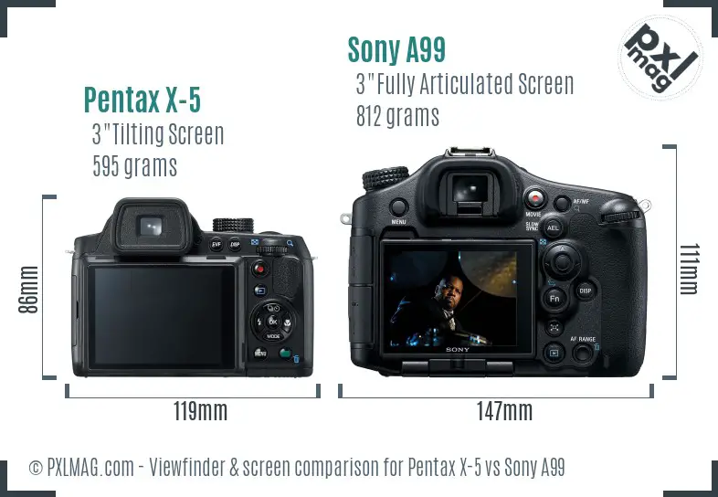 Pentax X-5 vs Sony A99 Screen and Viewfinder comparison