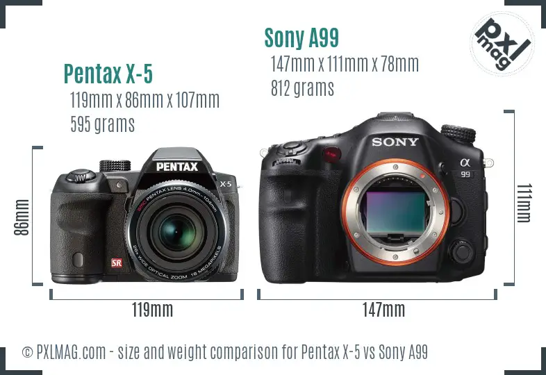 Pentax X-5 vs Sony A99 size comparison