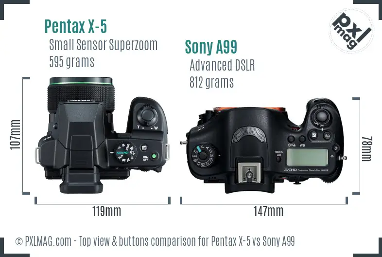 Pentax X-5 vs Sony A99 top view buttons comparison